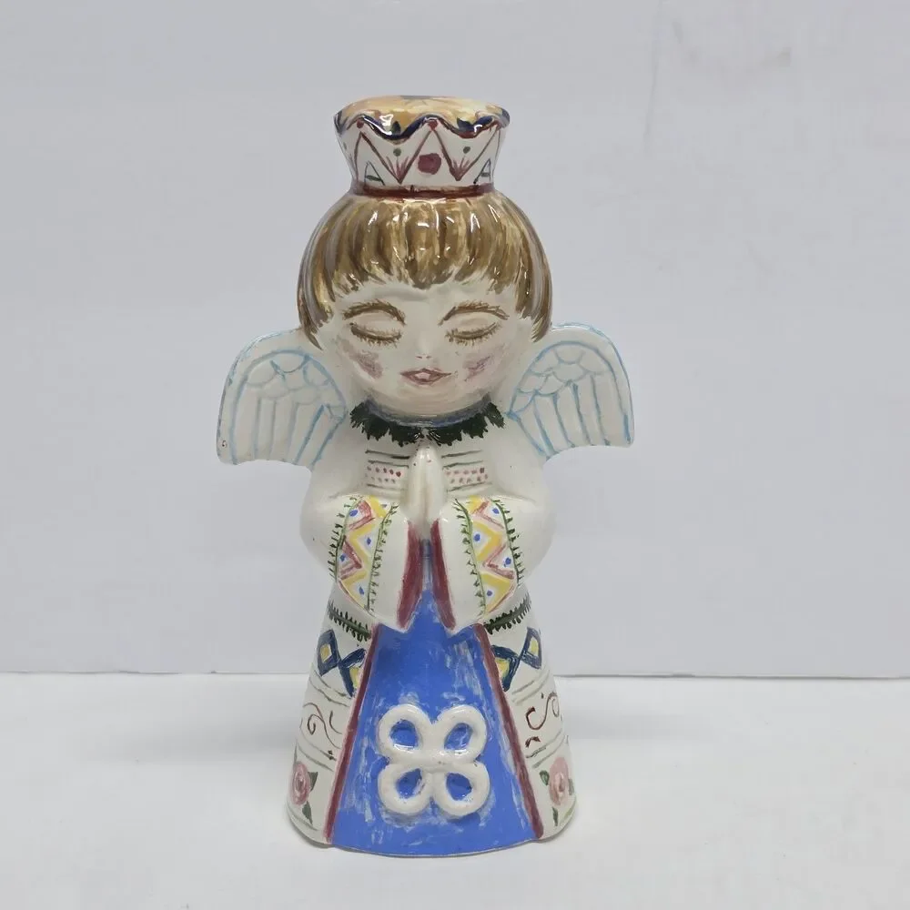 Vintage Signed Art Pottery Praying Angel Figurine Hand painted